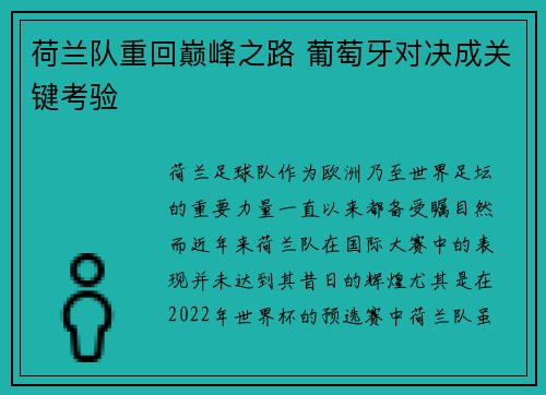 荷兰队重回巅峰之路 葡萄牙对决成关键考验