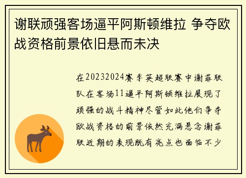 谢联顽强客场逼平阿斯顿维拉 争夺欧战资格前景依旧悬而未决