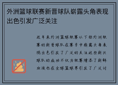 外洲篮球联赛新晋球队崭露头角表现出色引发广泛关注