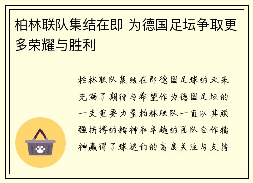 柏林联队集结在即 为德国足坛争取更多荣耀与胜利