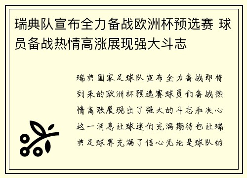 瑞典队宣布全力备战欧洲杯预选赛 球员备战热情高涨展现强大斗志